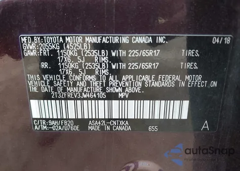 2018 Toyota Rav4 Le from USA, damaged, VIN 2T3ZFREV3JW464105